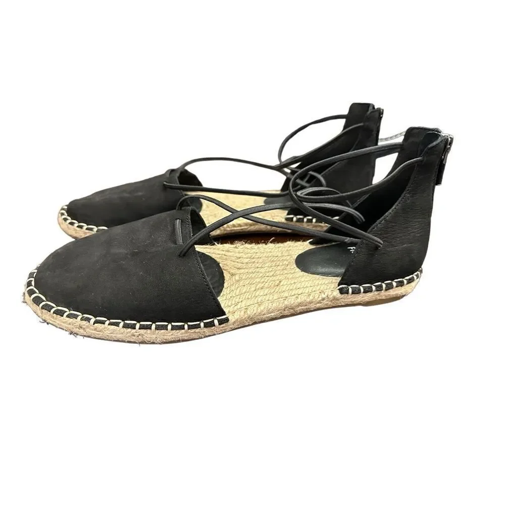 Eileen Fisher Flat Shoes Lace Leather Espadrille Wrap Sandal Black 8 Size: 81/2